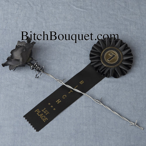 Bitch ribbon and black barbed wire rose